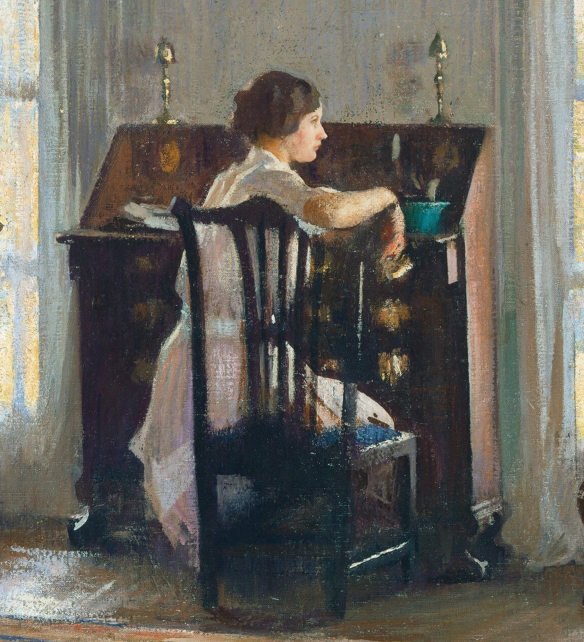The girl at the desk is his daughter Mary. Her face is in half-shadow.