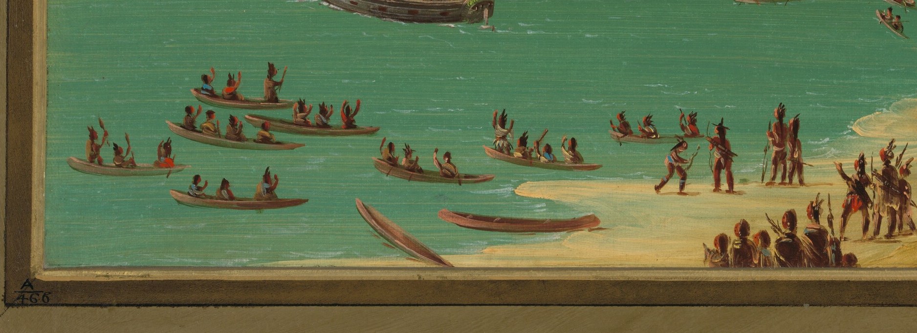 Numerous small canoes filled with figures, suggesting a large indigenous presence and activity.