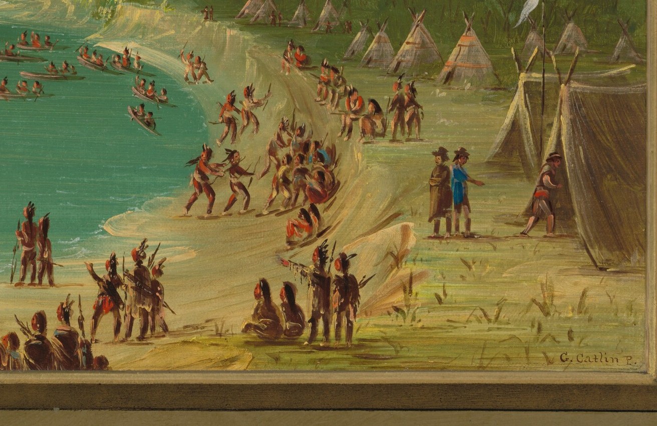 Along the shore, Native American communities watched the ship.
