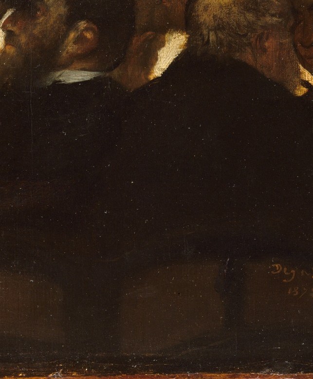 A man peers through opera glasses, watching bodies.