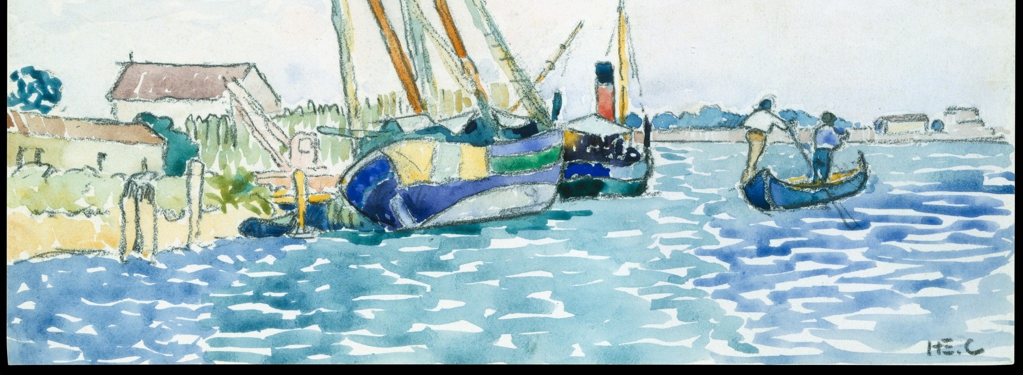 The water is rendered in broken horizontal strokes of cerulean, viridian, and lavender , a masterclass in Divisionist light; the reflections of the boats are implied rather than stated.
