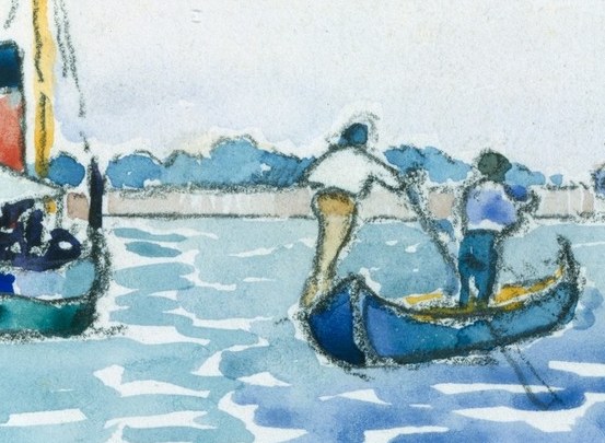 Two working men, heading away into the lagoon.