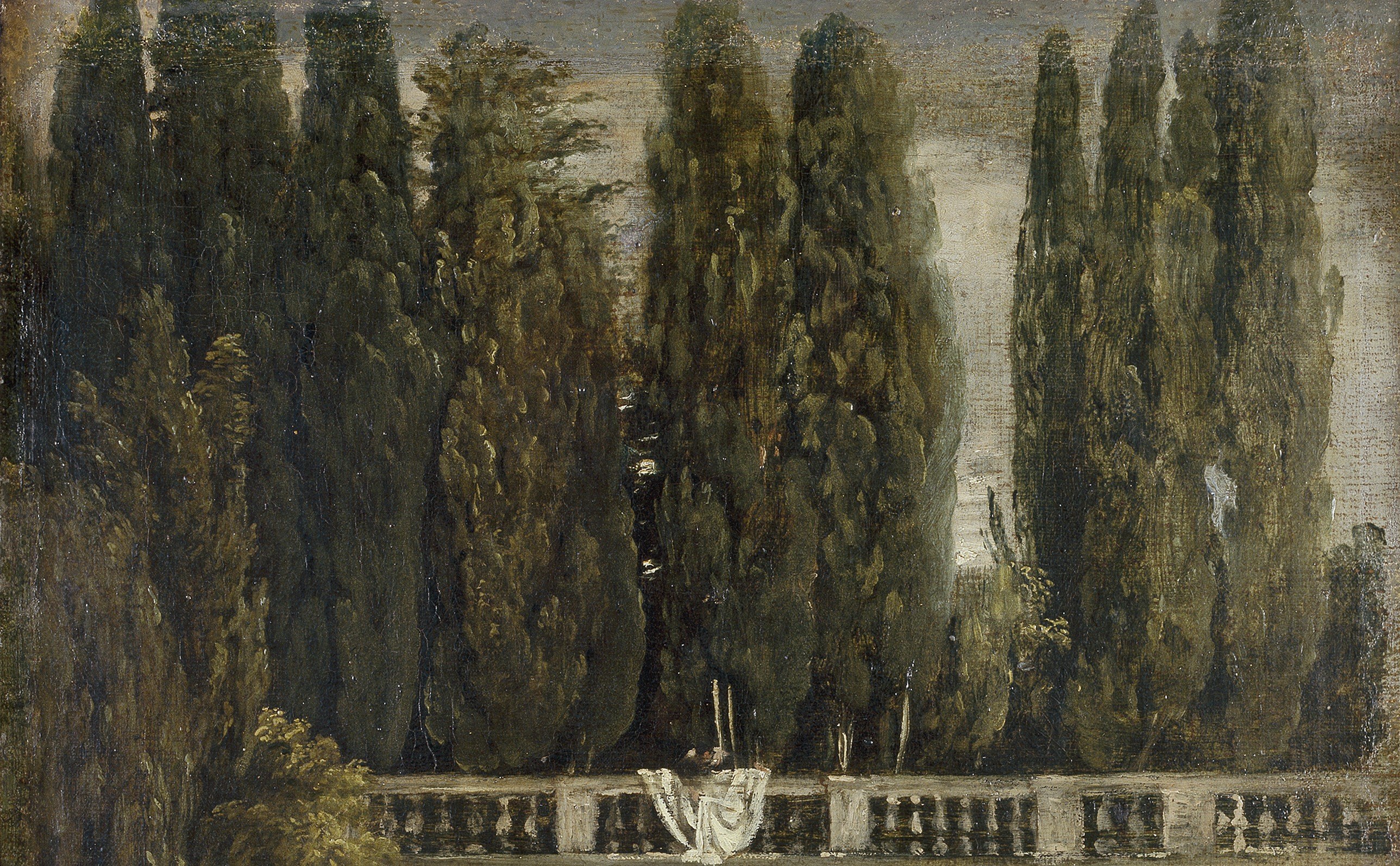 The dark monumental verticals are the painting's dominant visual fact; Velázquez renders them with swift, loose strokes that feel almost modern , the mass of tone rather than drawn branches