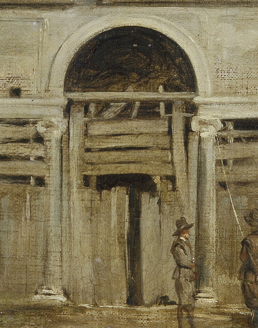 A mundane repair detail that grounds the scene in lived Roman reality rather than idealized antiquity , Velázquez's unflinching observation of maintenance and neglect