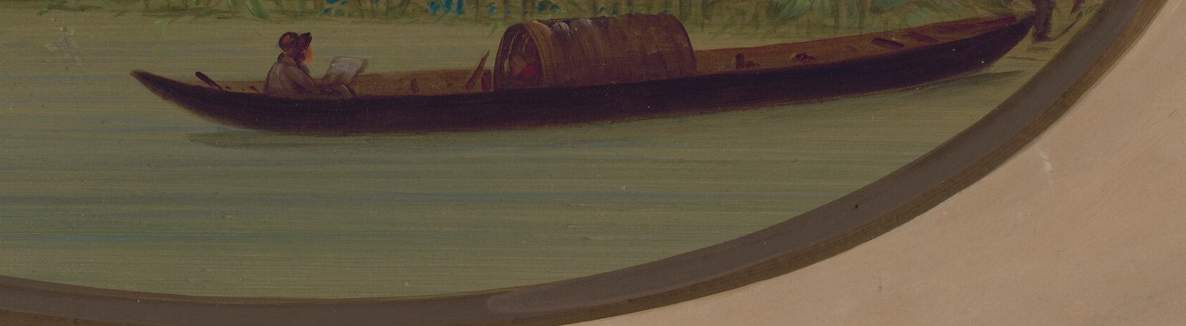 The boat is a central element, suggesting travel or transport on the river, and its occupants are part of the scene's narrative.