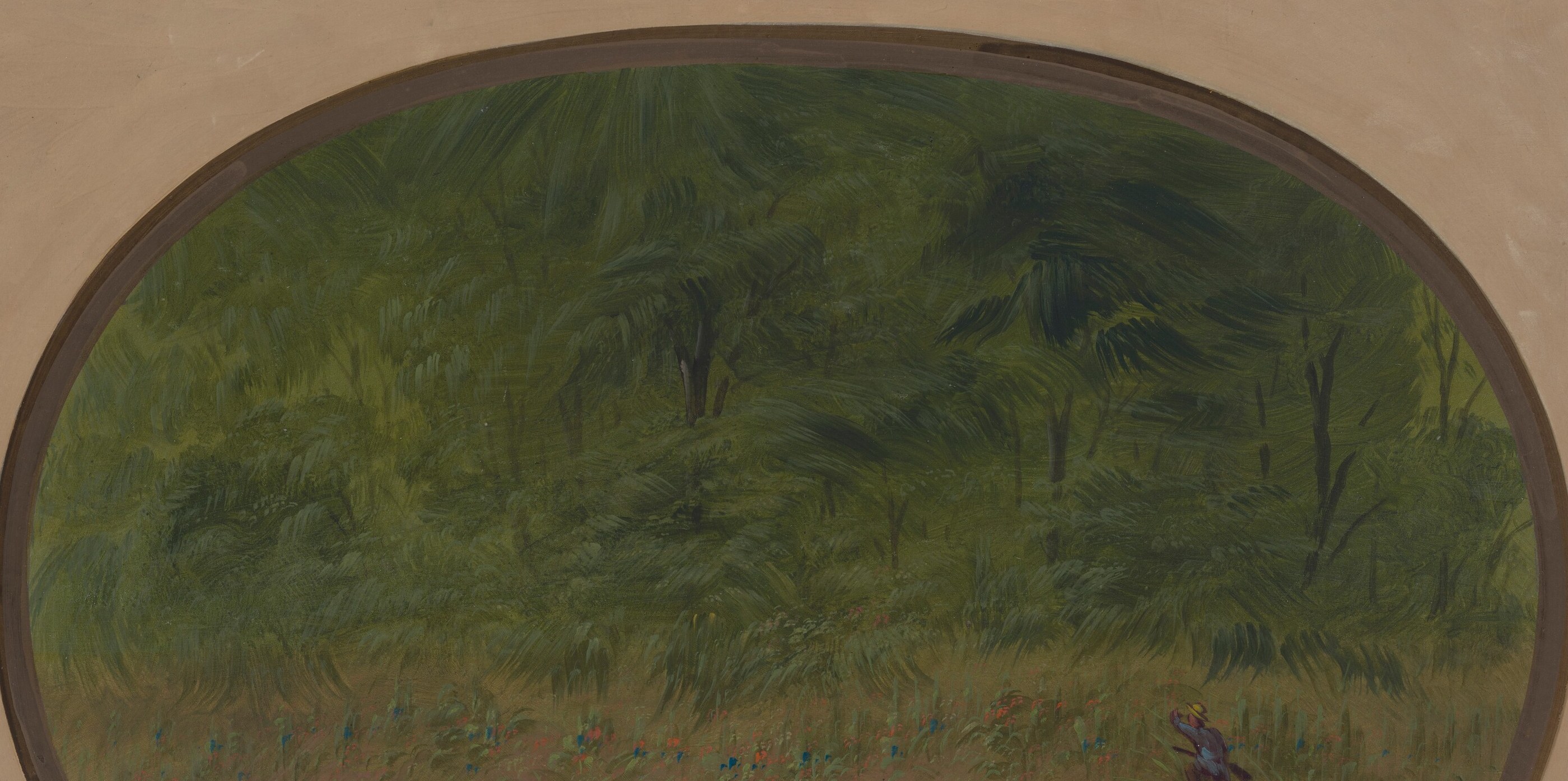 The lush, almost abstract rendering of the trees and undergrowth creates a sense of depth and the wildness of nature.