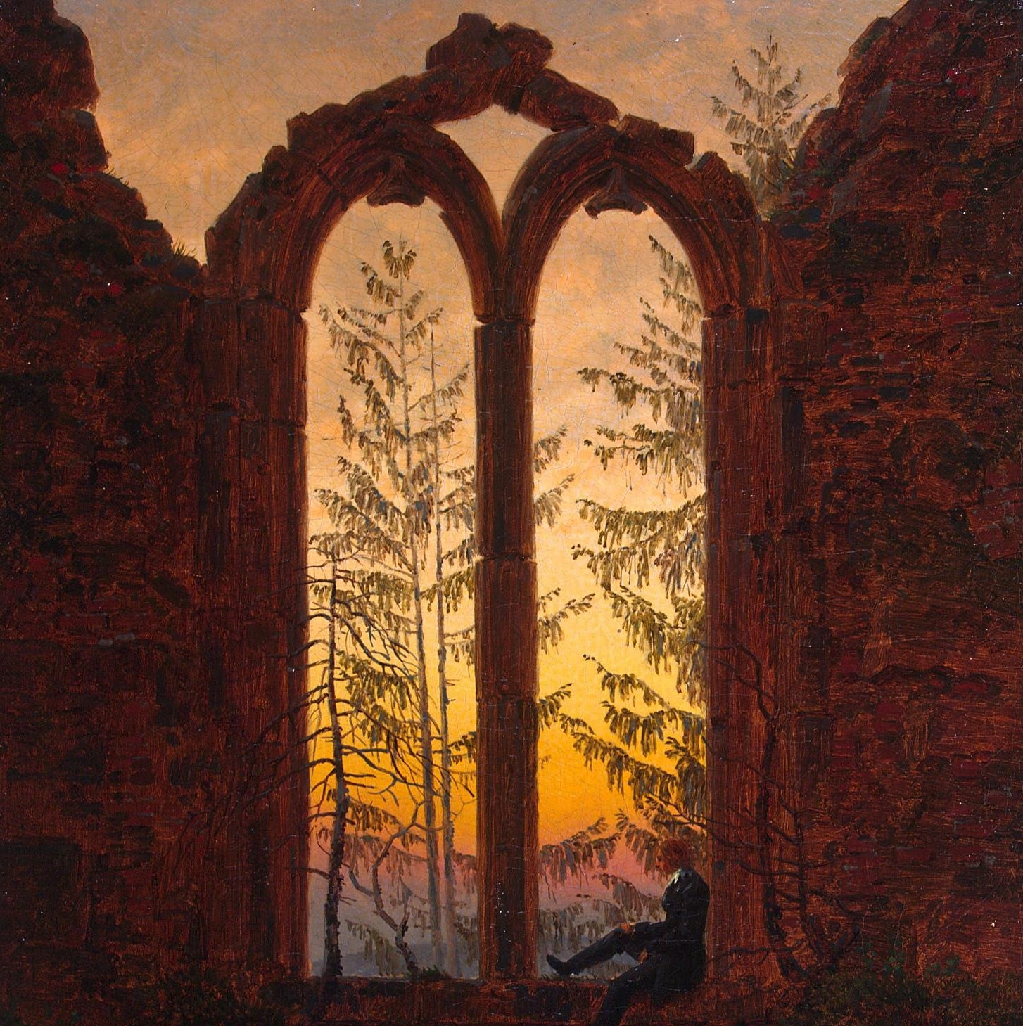 The dominant architectural element , three pointed arches frame the entire landscape like a cathedral triptych, collapsing the boundary between ruin and nature