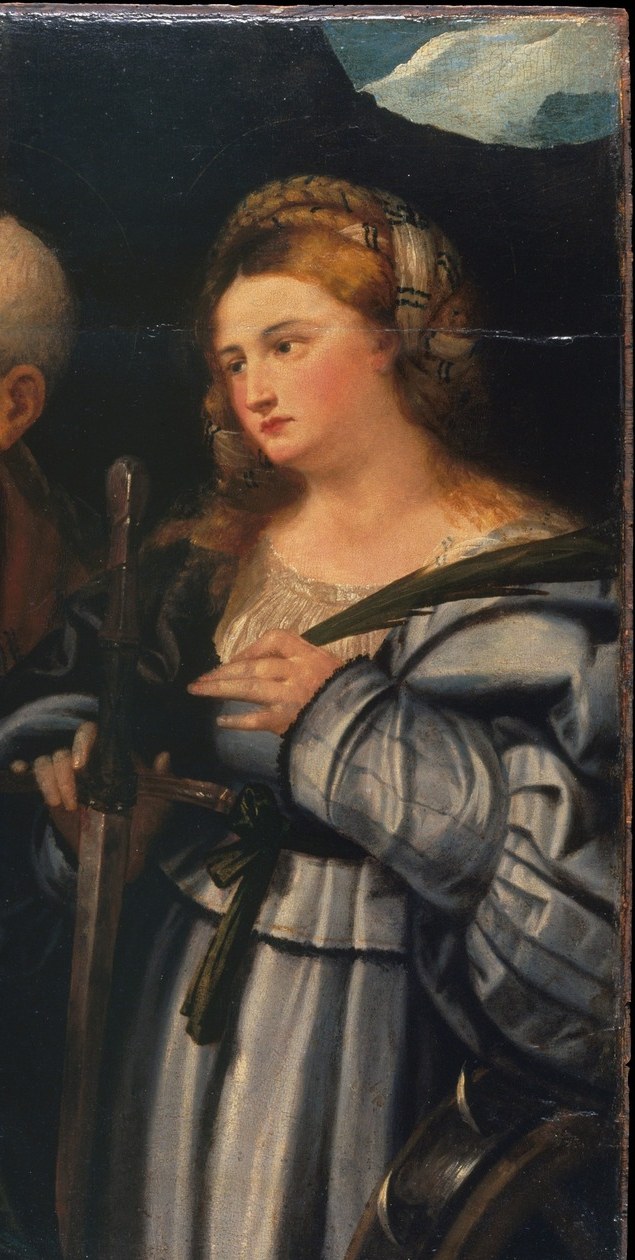 Her composed bearing and inward gaze suggest she awaits the mystical marriage to the Child; she acts as the composition's noble right-hand anchor