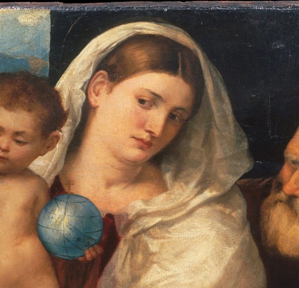 The child dominates the upper center, nude and elevated above the adults , iconographically asserting sovereignty while remaining physically dependent on his mother