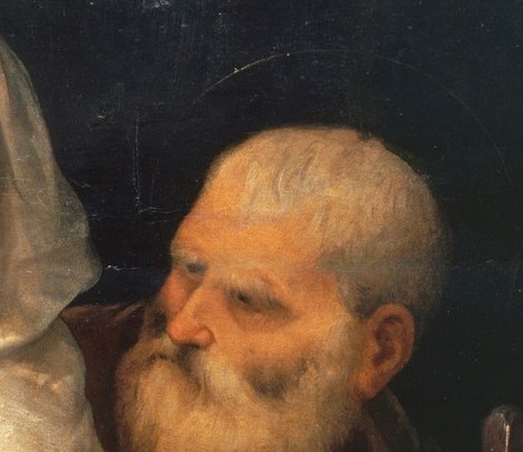 Joseph's weathered face and grey beard signal protective witness rather than active participation , his expression is patient and quietly reverent