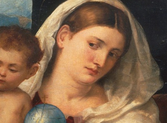 Her slightly downcast gaze and serene expression embody Venetian devotional ideals , a face poised between maternal warmth and divine remove