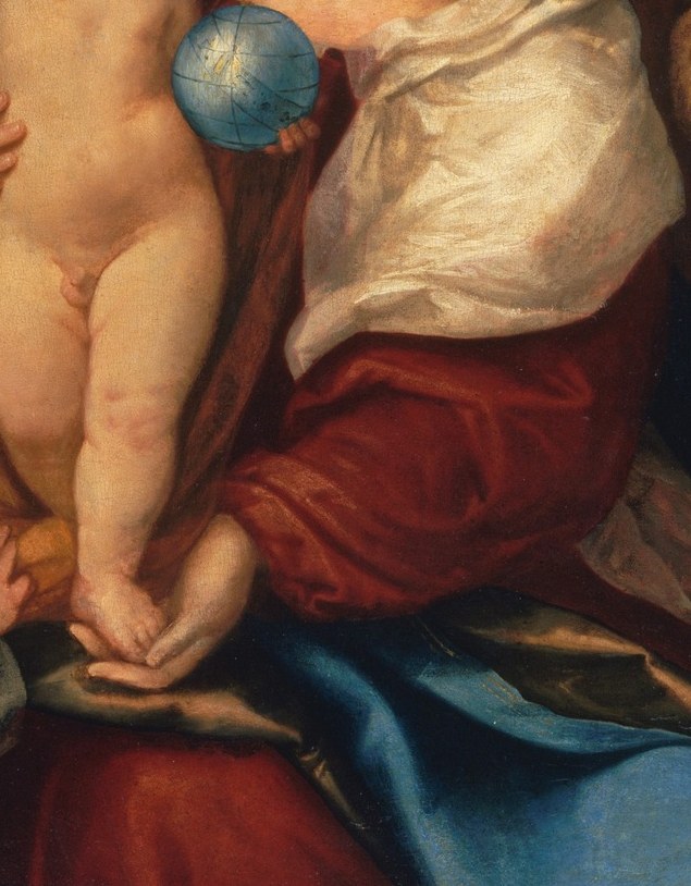 The vermilion draws the eye to the compositional center; in Venetian color theology, the Virgin's red signals her human mortality beneath the divine mantle