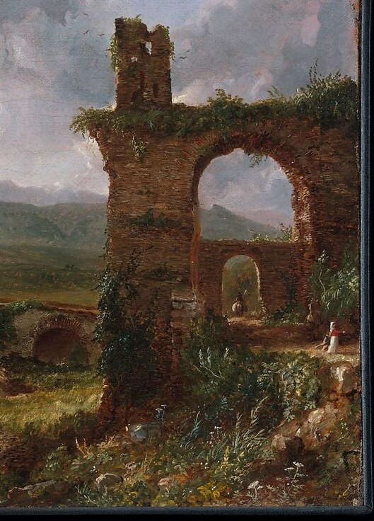 Look at the ruined arch. Rome's greatness, crumbling.
