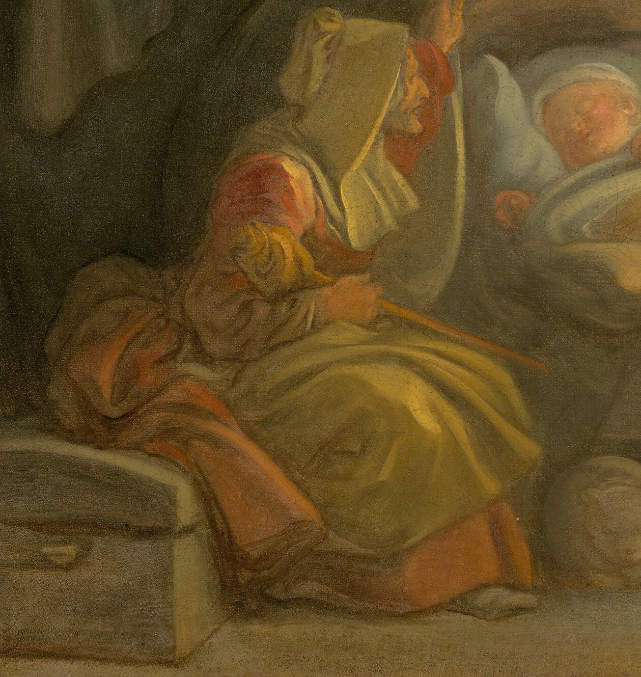 A watchful, perhaps weary, caregiver, grounding the scene in domestic reality.