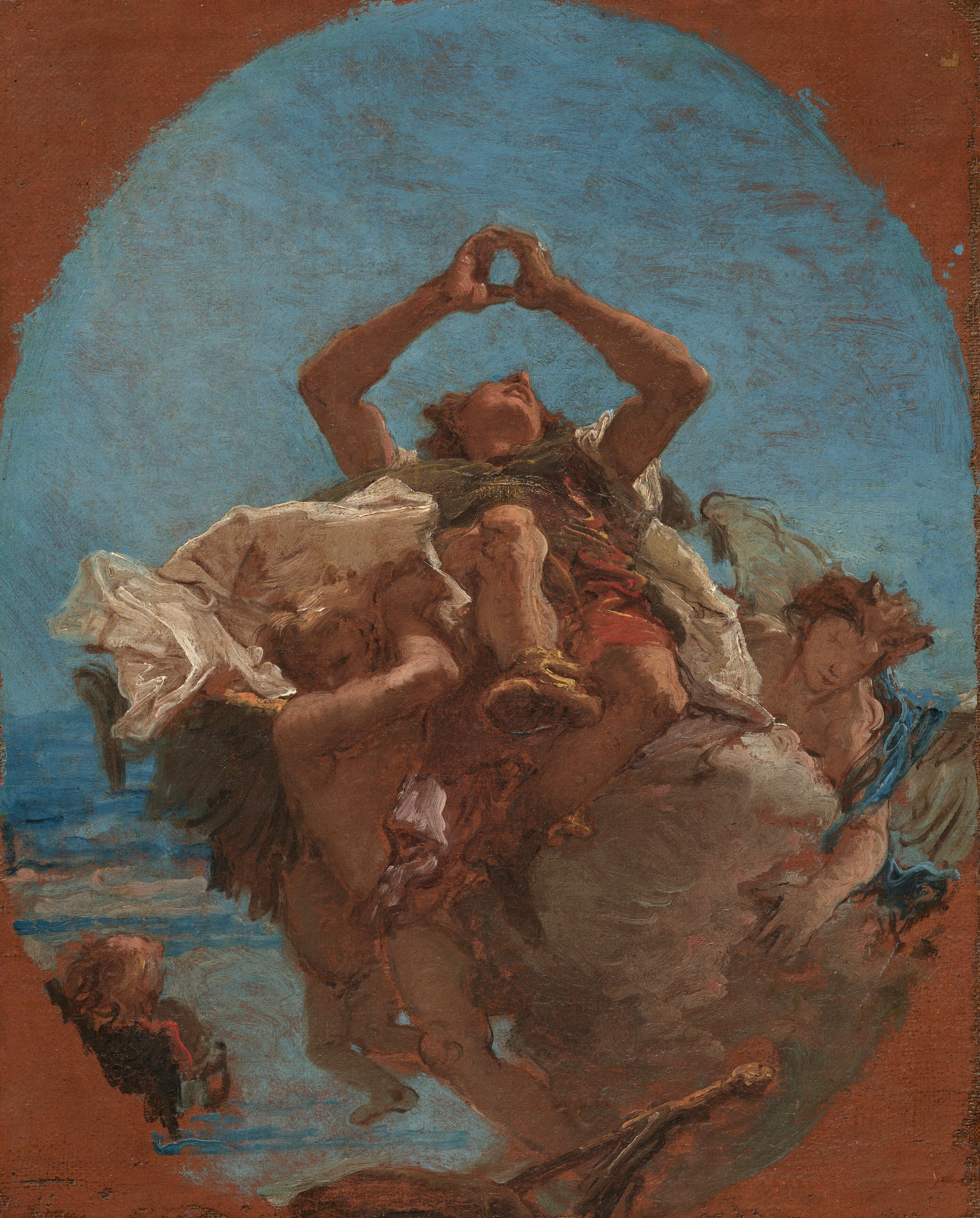 The painting is shaped as an oval, almost certainly designed for a ceiling lunette or altarpiece; the dark corners are cut canvas, not painted sky , a compositional constraint that forced the centripetal swirl of all the figures.