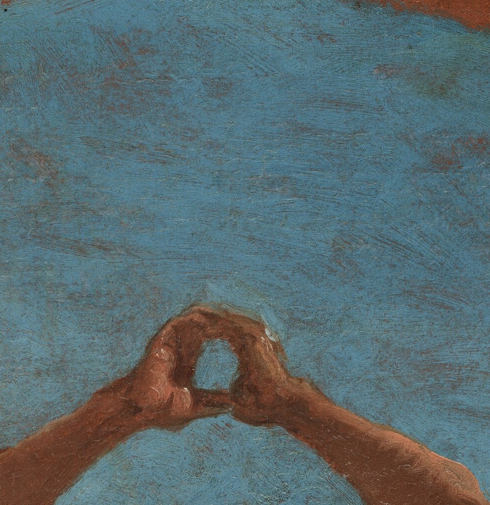 The painting's apex and its emotional thesis , hands thrust skyward in surrender or offering, the gesture that names the ascent; the bright spot between the palms is unresolved and demands identification.