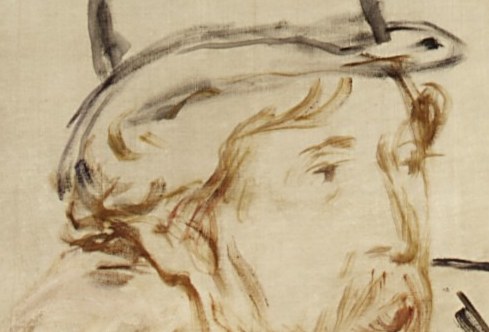 The hat is rendered with loose brushstrokes, contributing to the sketch-like feel of the portrait.