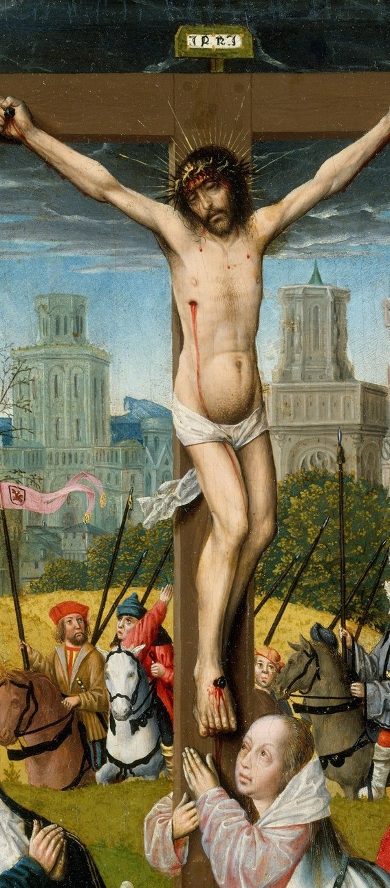 The devotional axis of the entire composition; loincloth, wound-marks, and slumped posture encode suffering while the body's pallor against the green hill reads as sacrificial transcendence.