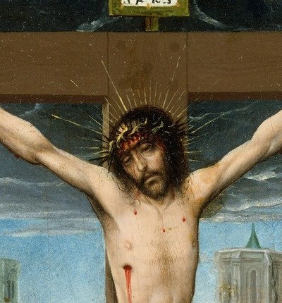 The bowed head and closed or half-open eyes are the emotional anchor; Netherlandish painters packed maximum pathos into a single tilted face, making this the natural dwelling point for a slow push-in.
