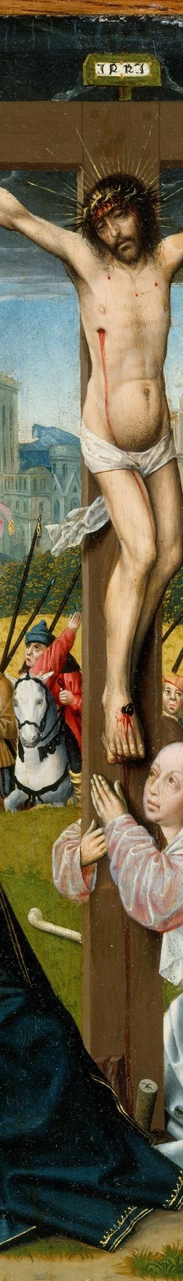 The grain, dark paint and structural weight of the timber are the literal hinge of the composition; a close-up reveals how the painter used impasto or layered glazes to give the wood material presence.