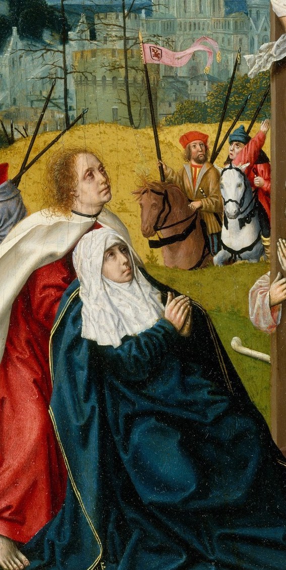 His outstretched arms and the effort visible in his posture make him the human mediator between viewer and grief; the warm red cloak functions as a counterweight to Mary's cold blue.