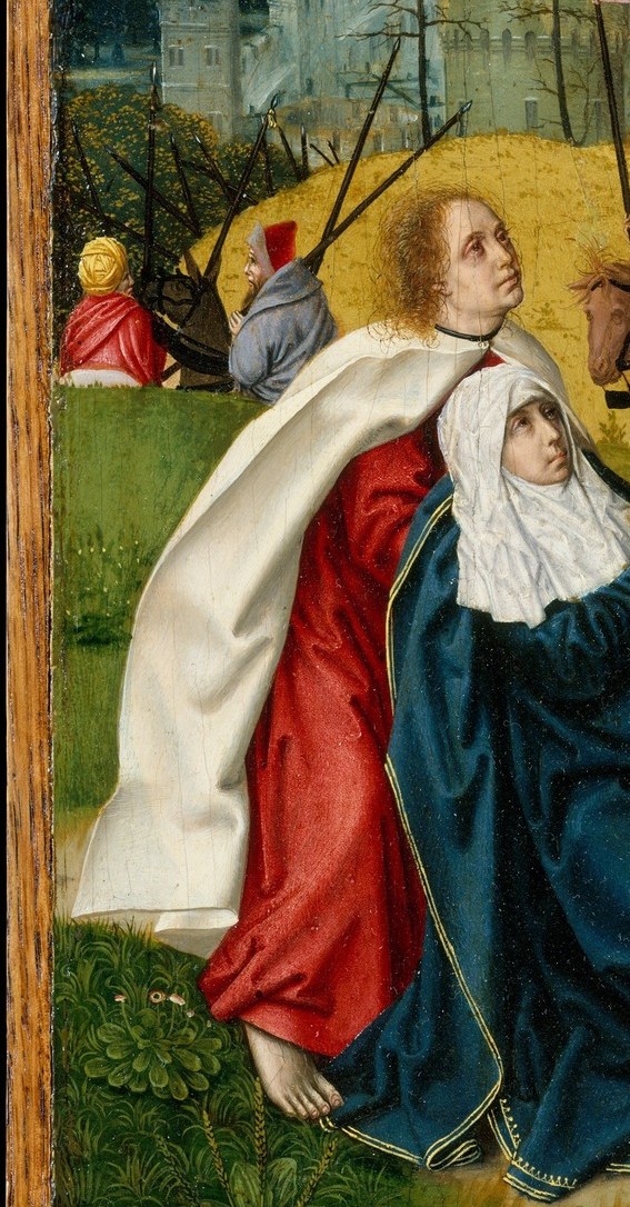 The deep ultramarine blue was the most expensive pigment; Mary's physical collapse mirrors Christ's sacrifice, and her near-horizontal posture contrasts starkly with the vertical cross behind her.