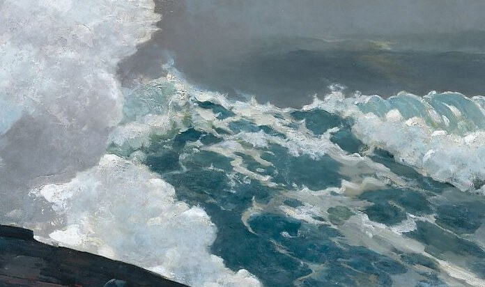 The compositional core , a massive wave pitching forward, its translucent green-gray face and collapsing white crest embody Homer's entire argument about oceanic power