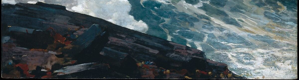 Homer's signature dark anchor: the rough, flat-topped ledge grounds the composition and gives the viewer a stable viewing point from which to feel the wave's menace