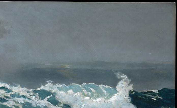 Storm cloud and breaking wave surge like one violent system.