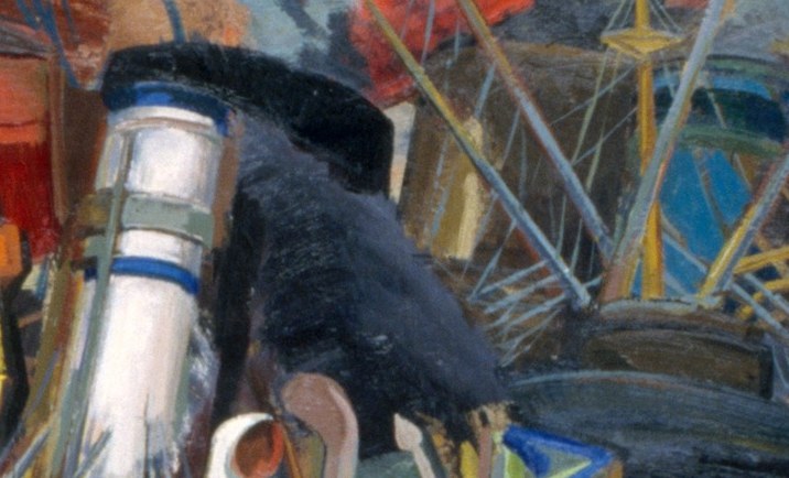 The clashing hues suggest the frenetic energy of wartime industry.