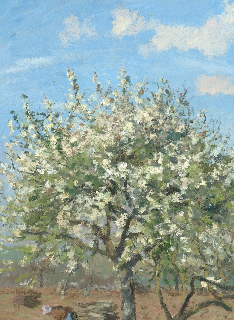 The compositional anchor , dense white blooms against pale sky create the painting's most tactile passage, evoking the fleeting peak of spring.