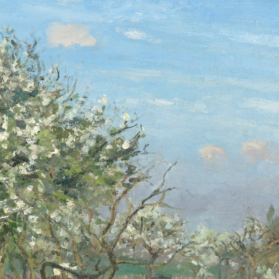 Pissarro's spatial recession , trees diminish in size and bloom density toward the background, demonstrating his early command of atmospheric perspective.