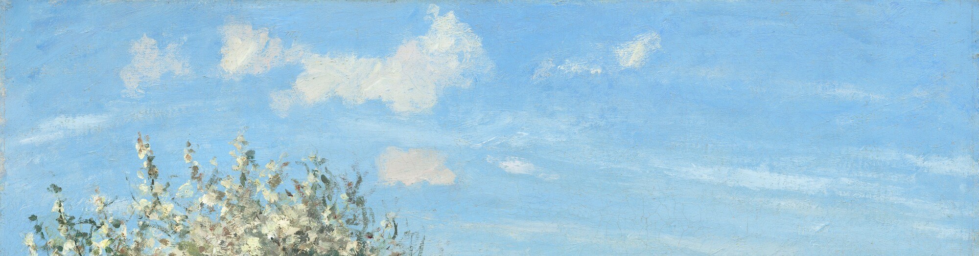 The sky occupies roughly a quarter of the canvas; loose, broken brushwork here anticipates Impressionist handling and sets the ambient light for the entire scene.