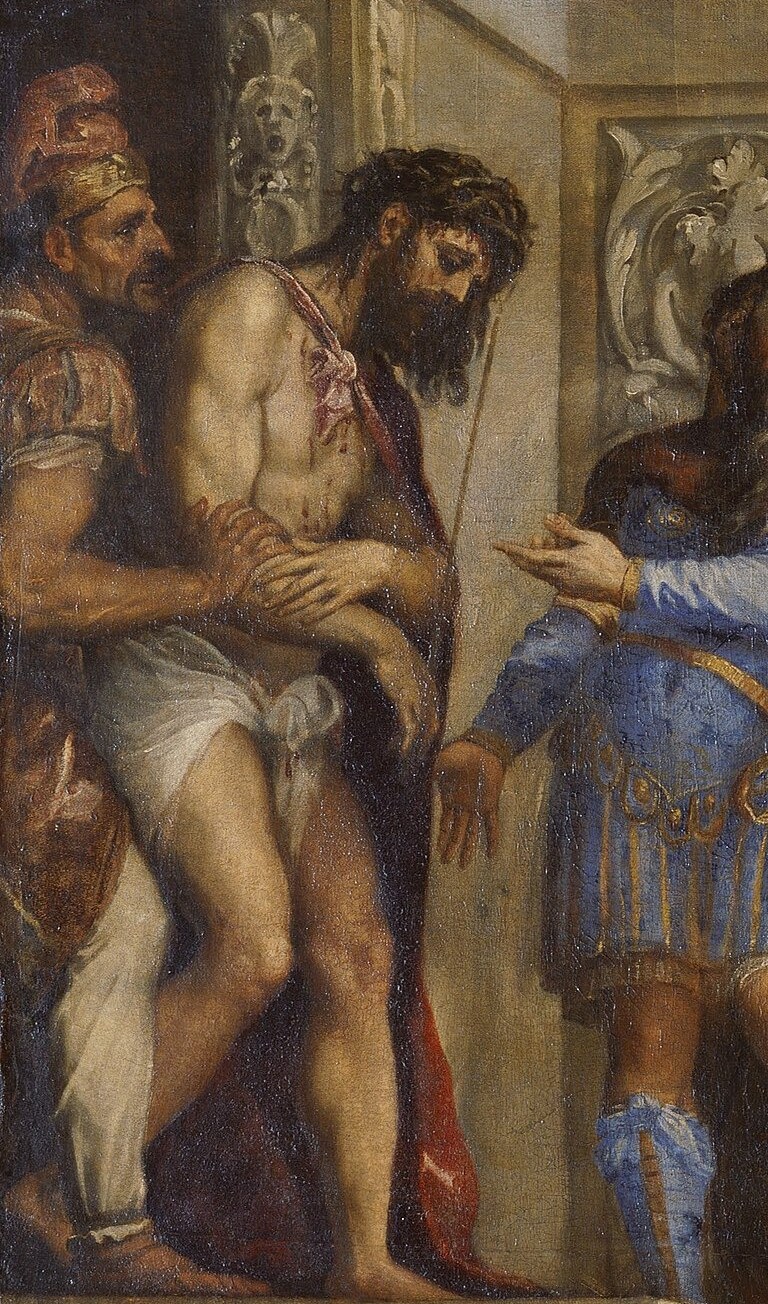 Christ's bound hands and suffering body are the scene's emotional core.