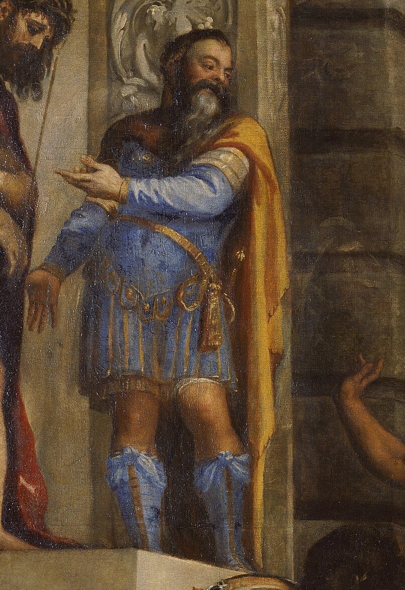 It shows Pontius Pilate presenting Christ to the crowd.