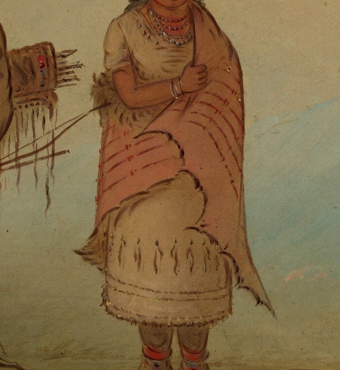 The intricate beadwork and fringe on her shawl suggest domestic skill and cultural tradition.