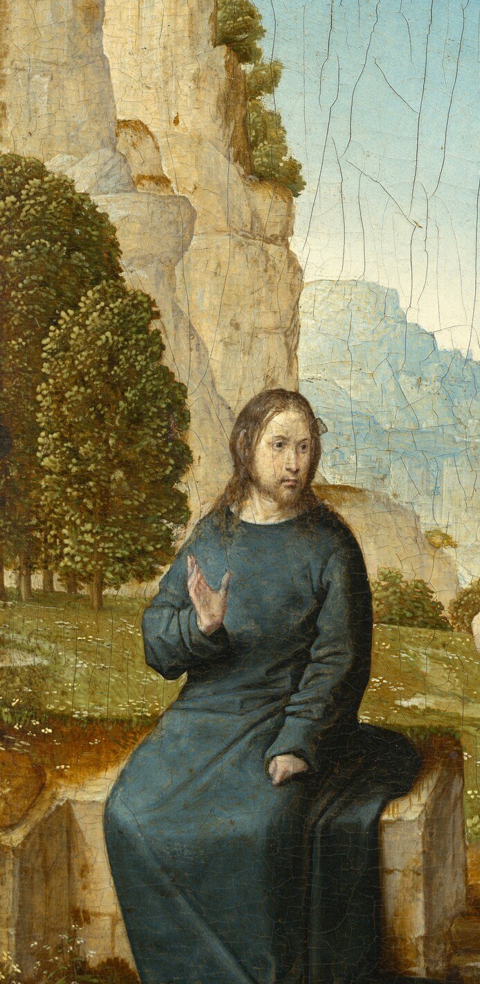 Ultramarine blue was the most expensive pigment available; the Flemish precision of each fold demonstrates both piety and patronal wealth.
