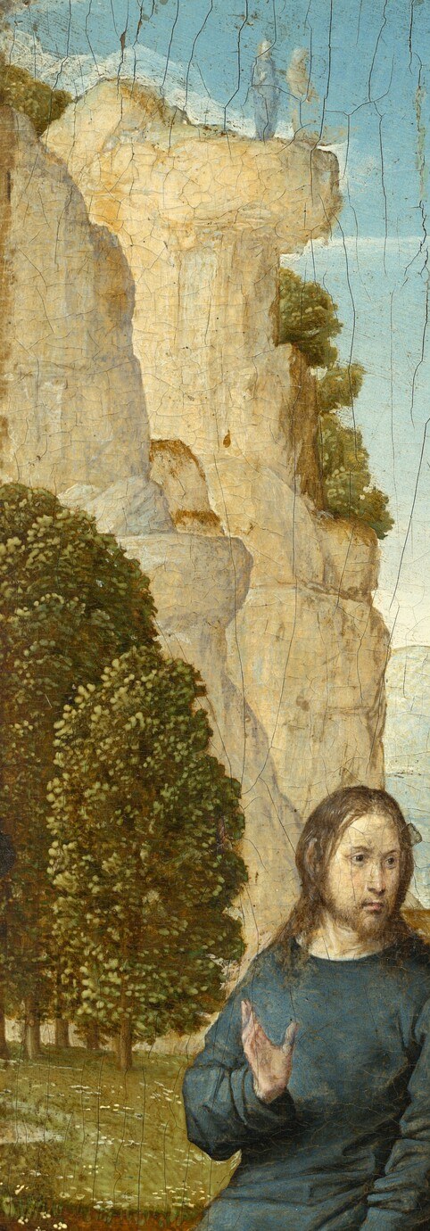 Desert wilderness rendered with Flemish geological precision; the strata and texture passages show Juan de Flandes adapting manuscript illumination to oil paint.