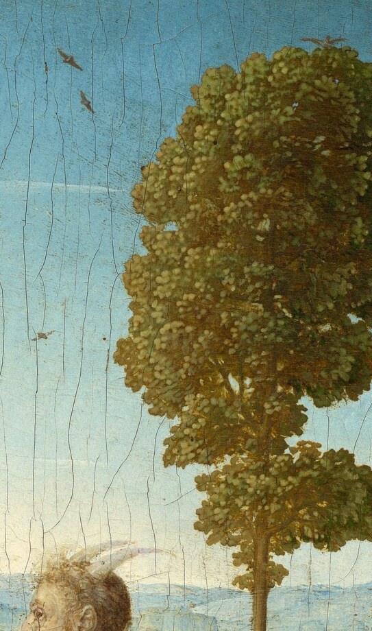 Paradisical green abundance directly behind the devil creates quiet visual irony , Eden framing the Tempter.