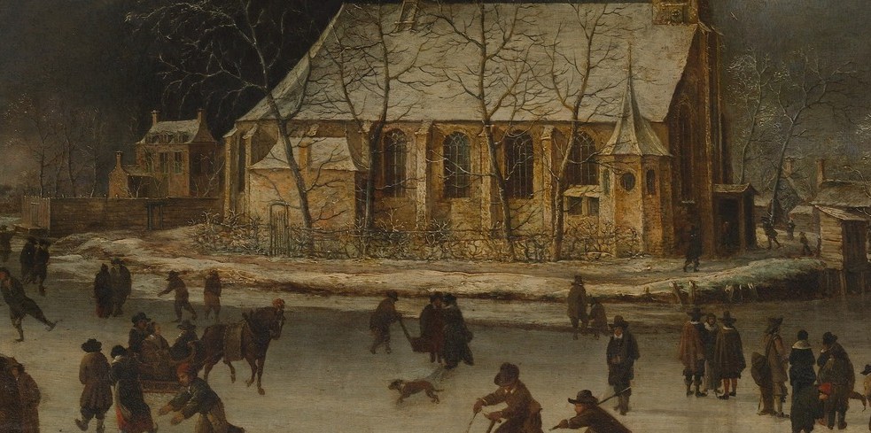 Widest spread of human activity in the painting; varied postures , outstretched arms, paired figures, lone gliders , animate the ice as a public social space