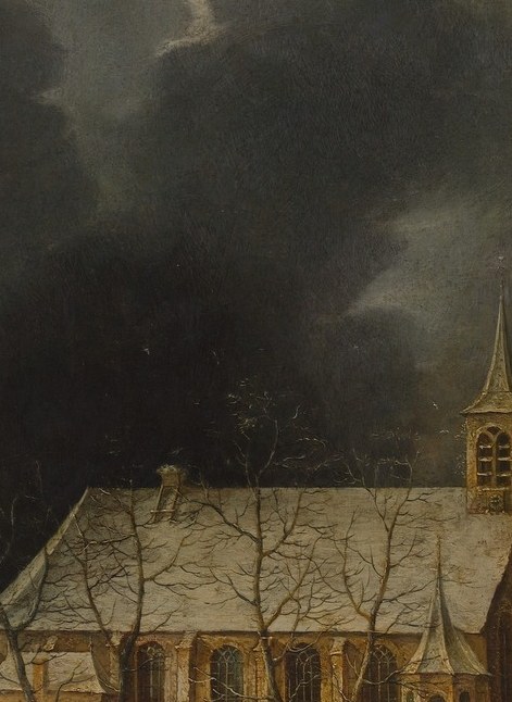 Compositional anchor and geographic identifier; its white pallor against the dark sky creates the painting's central tonal contrast and locates the scene at a named place near Amsterdam