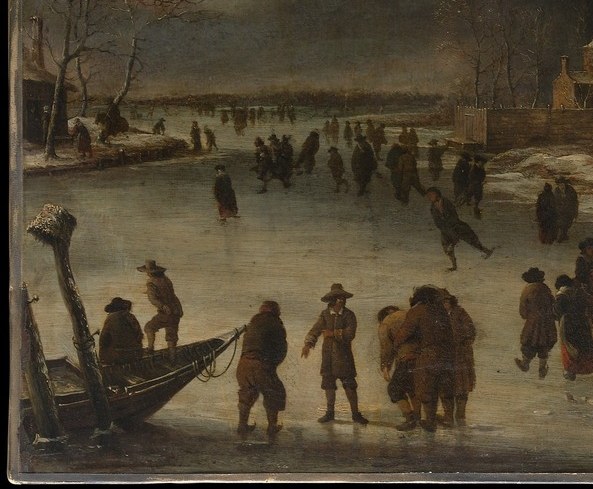 The largest human figures in the composition; animated silhouettes document 17th-century winter dress and the social choreography of ice culture , conversation, watching, gliding