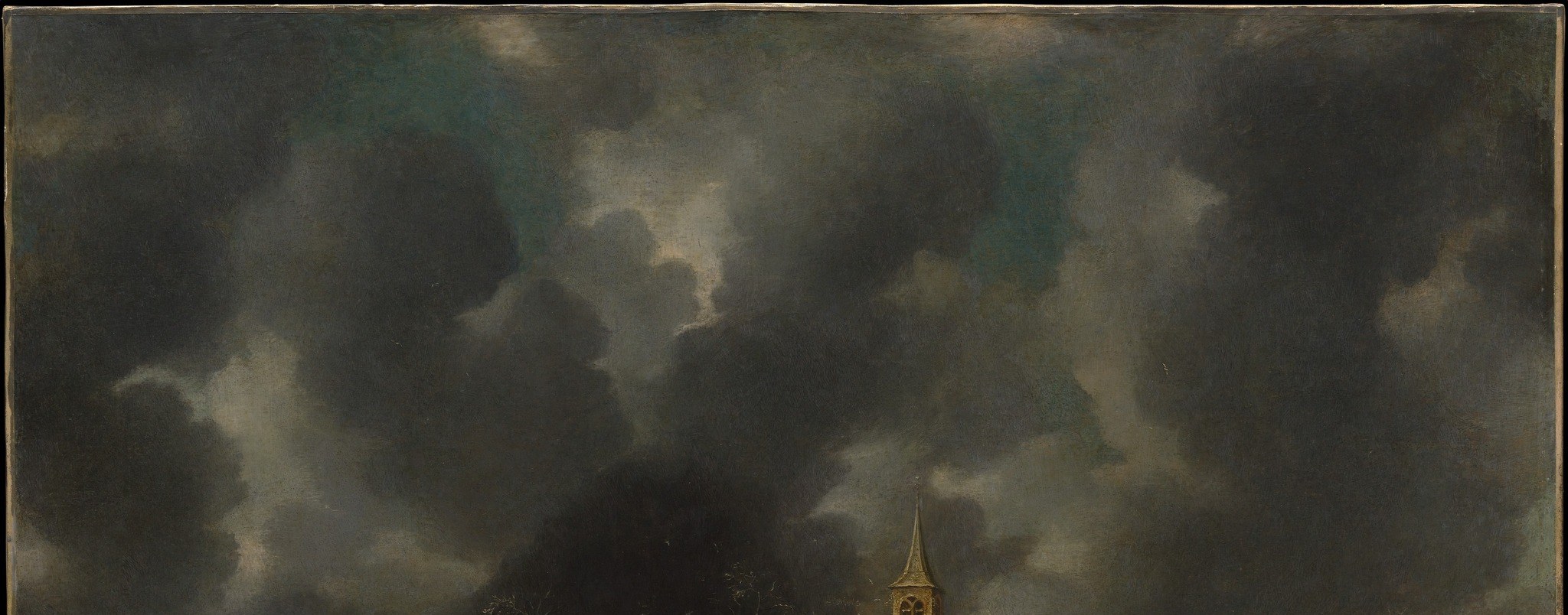 Occupies nearly half the canvas and is as much a protagonist as any figure; the threatening turbulence turns a genre scene into an atmospheric statement about Dutch winter's power