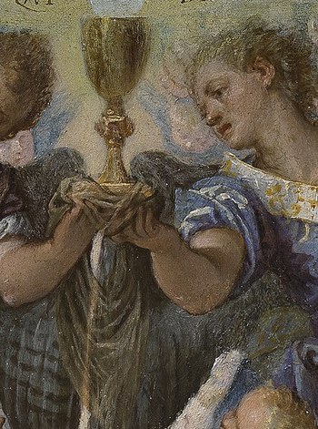 The golden chalice symbolizes the Eucharist and Christ's sacrifice.
