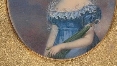 The vibrant blue of her dress, with its subtle folds and sheen, is a focal point and suggests a sense of elegance.