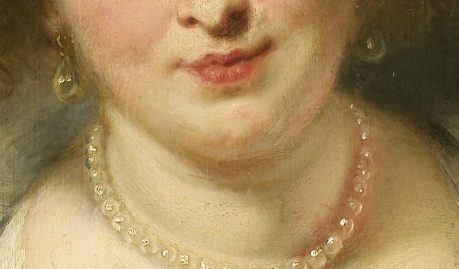 The lustrous pearls, rendered with subtle variations in tone, signify wealth and elegance.