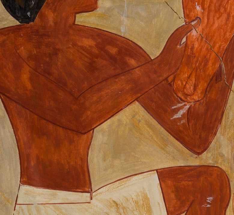 Rich reddish-brown skin pigment over a muscular form; illustrates the Egyptian convention of depicting male skin in warm ochre, contrasting with the white linen kilt