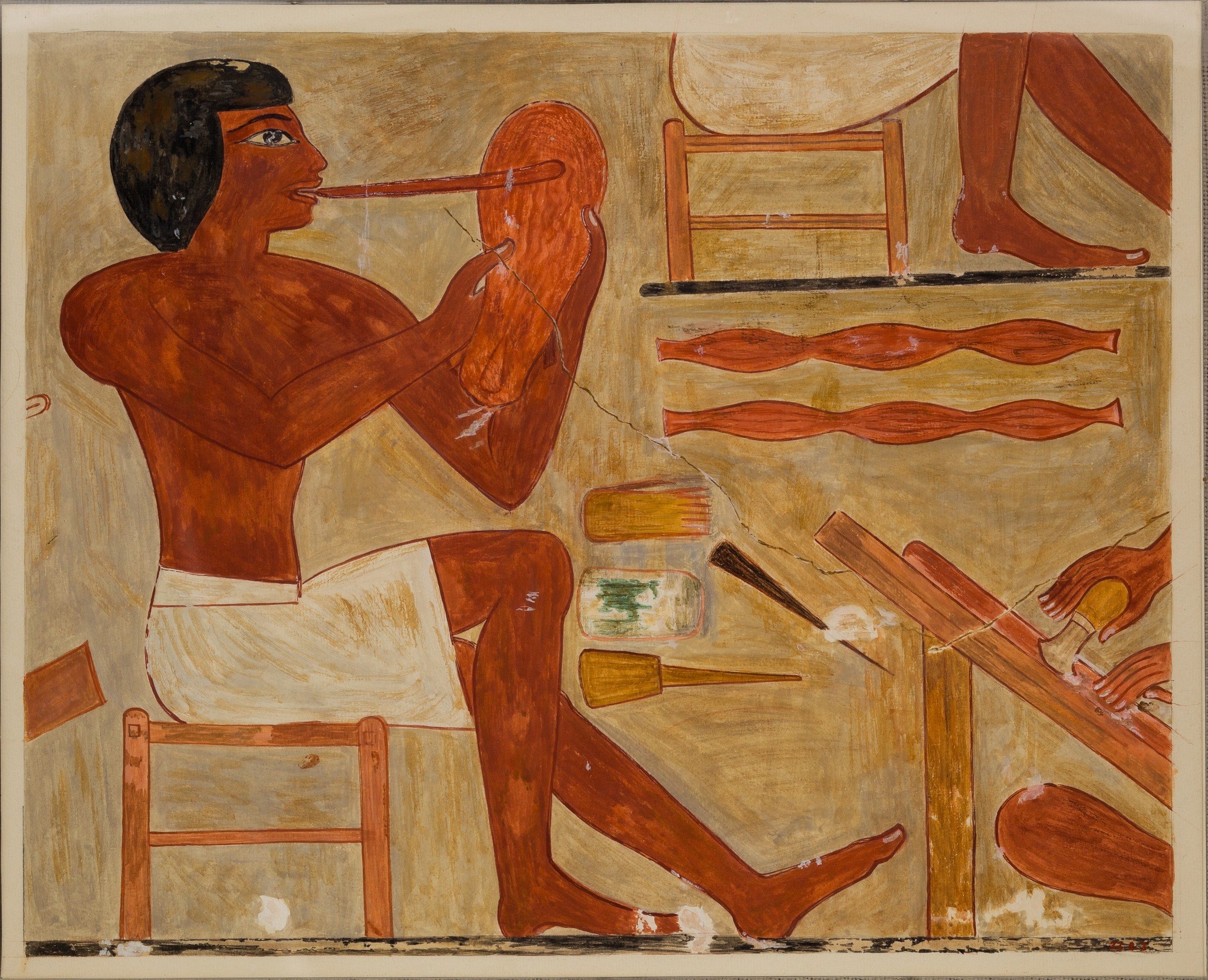 The warm cream ground is the tomb plaster or copy paper itself; its aged, mottled texture reminds the viewer this is a facsimile copy of a 3,500-year-old wall , a document as much as a painting