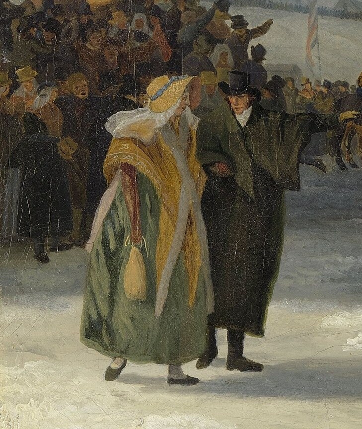 Even the elegant spectators share in the cold day's joy.