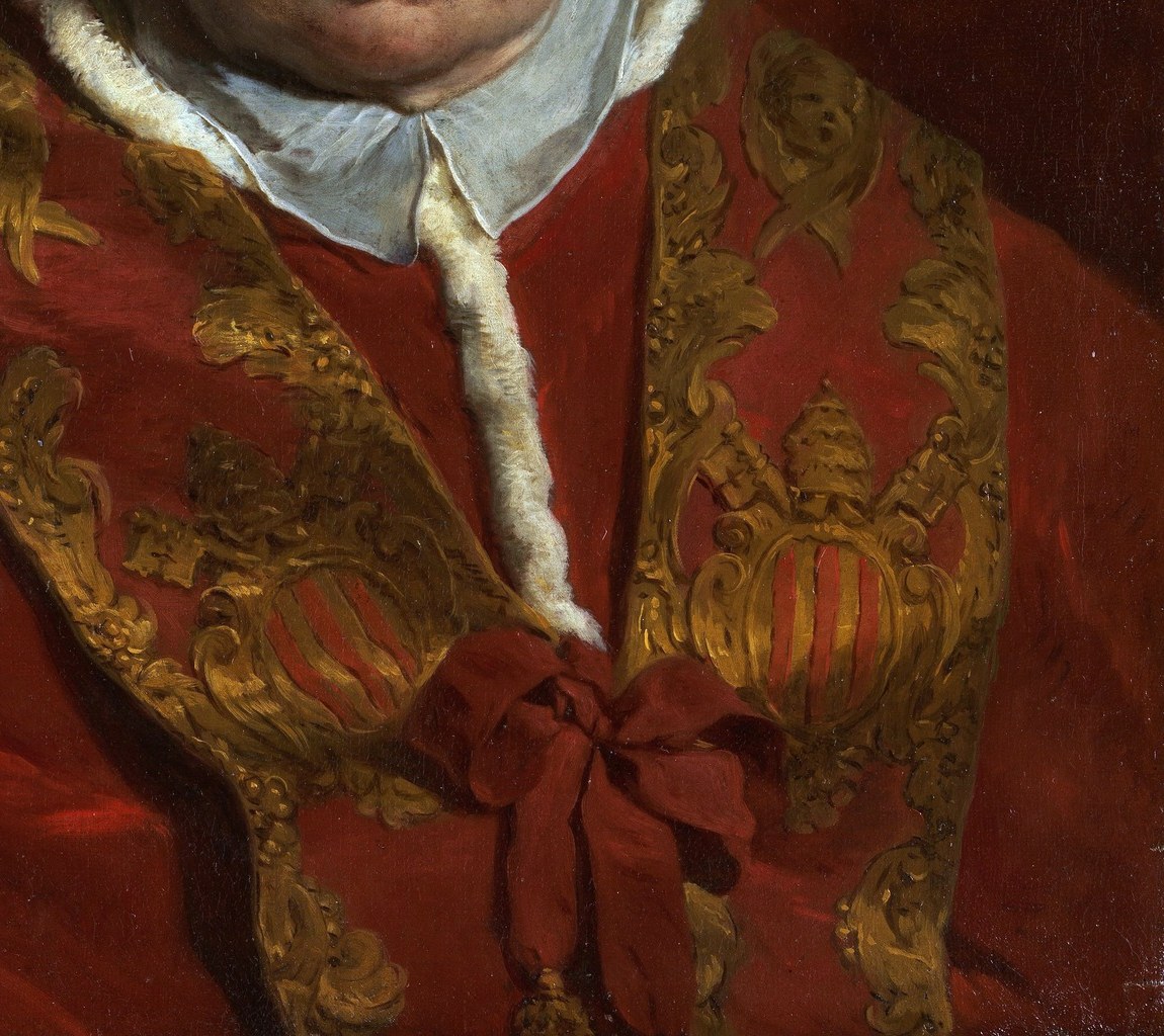 The intricate gold embroidery on the deep red fabric is a testament to the artist's skill and the subject's wealth.